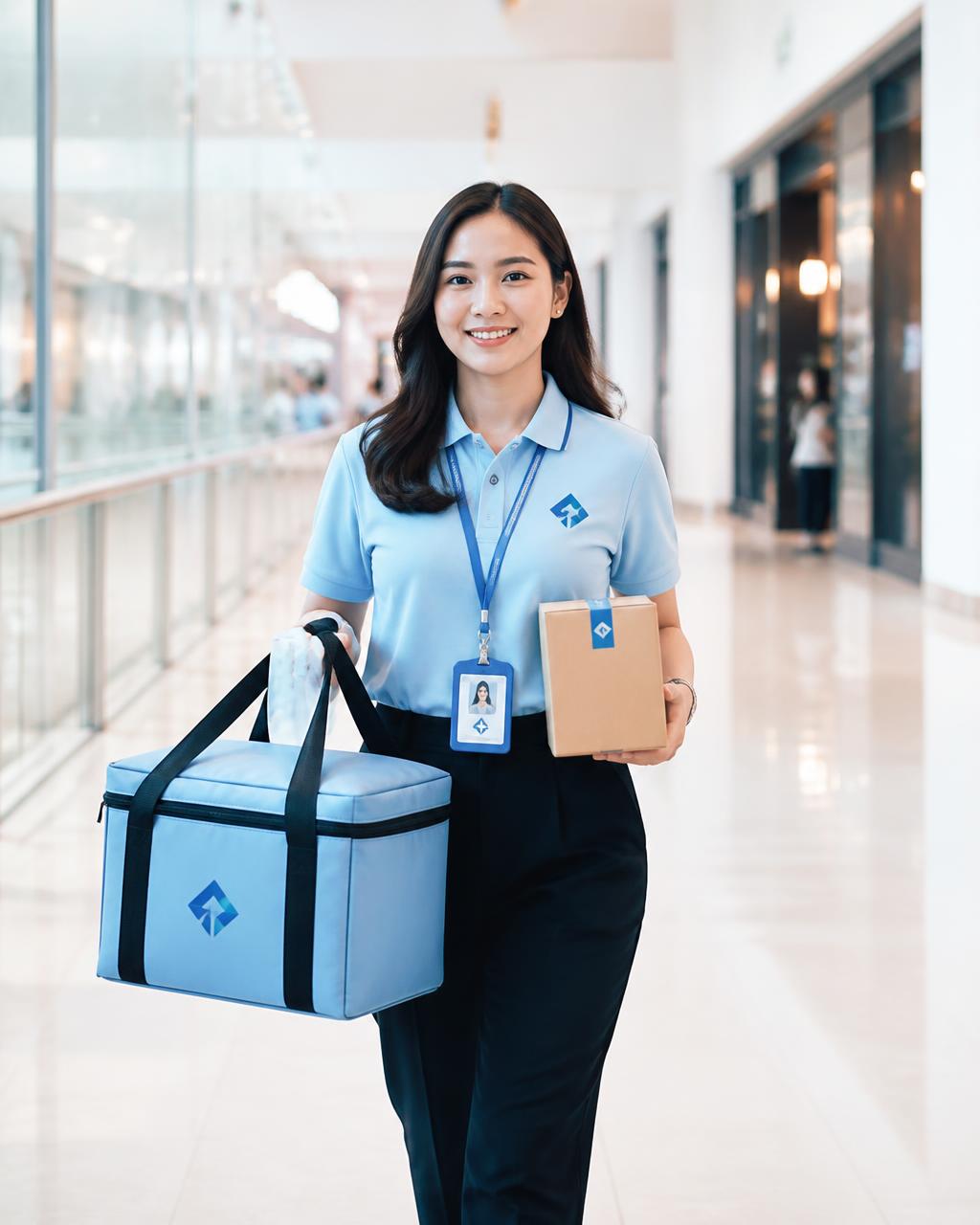 Delivery Associate mengantar tas belanja dan paket di koridor mall